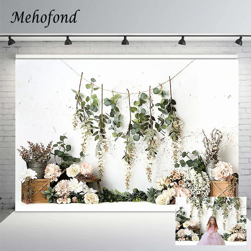 

Spring Green Leaves Floral Backdrop White Wall Easter Party Decor Banners Girl Birthday Photography Background Studio Photozone