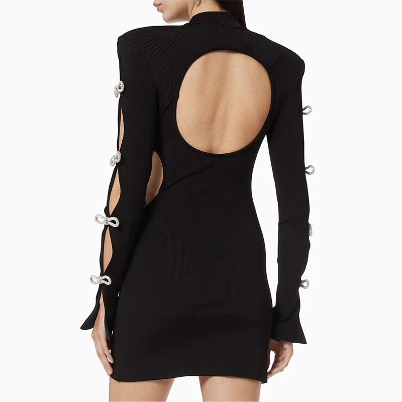 Fabryczna hurtownia damska czarna kokarda z długim rękawem pusta seksowna wieczorowa impreza koktajlowa Celebrity bandażowa sukienka