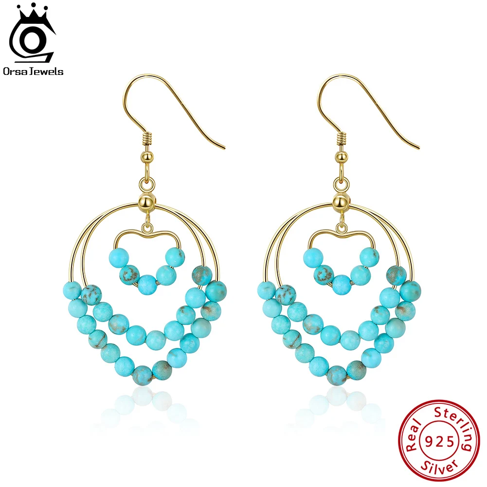 

ORSA JEWELS Genuine Natural Turquoise Beads Drop Earrings Fashion 925 Sterling Silver Gemstone Earings for Women Jewelry GME21