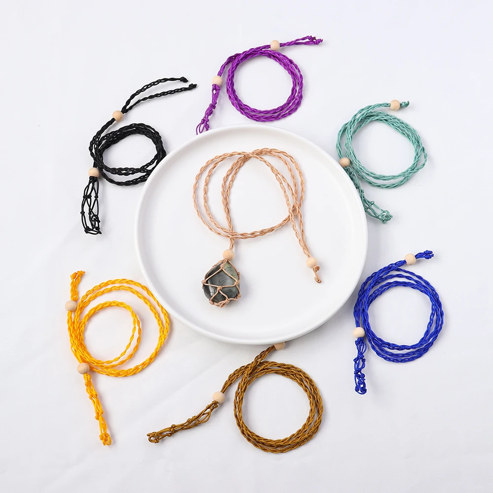 1pc Natural Crystal Wood Bead Adjustable Necklace Cord Empty Stone Holder Wax Rope DIY Healing Gem Net Bag Pendant - купить по