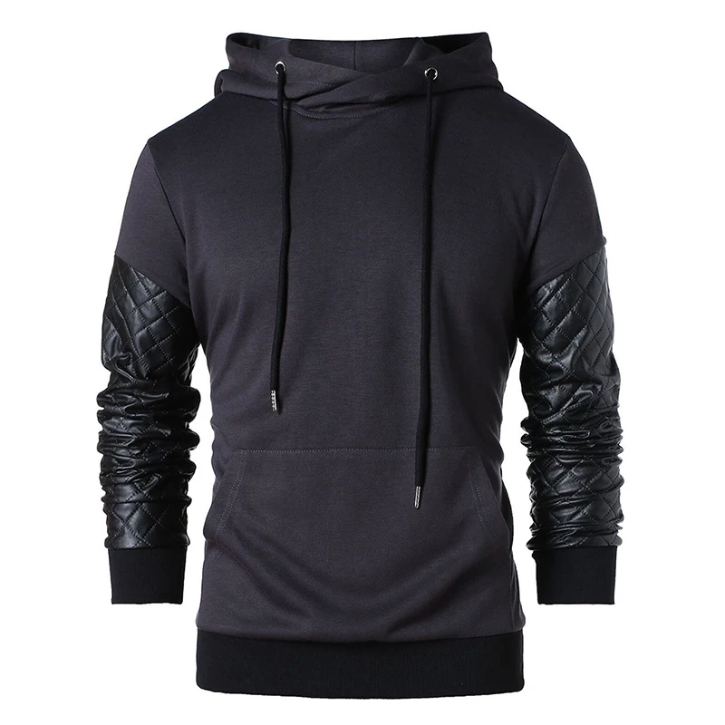 

2023 Spring New Fashion Pocket Long Sleeve Arm Leather Design Men's Hoodies Black Solid Color Handsome Pullover Coat Clothes Man