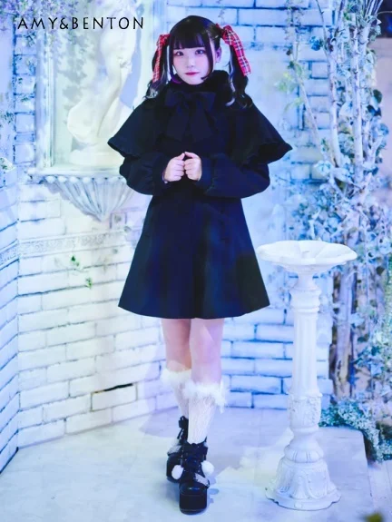 Японские милые шерстяные куртки средней длины со строчкой в стиле ретппи милое