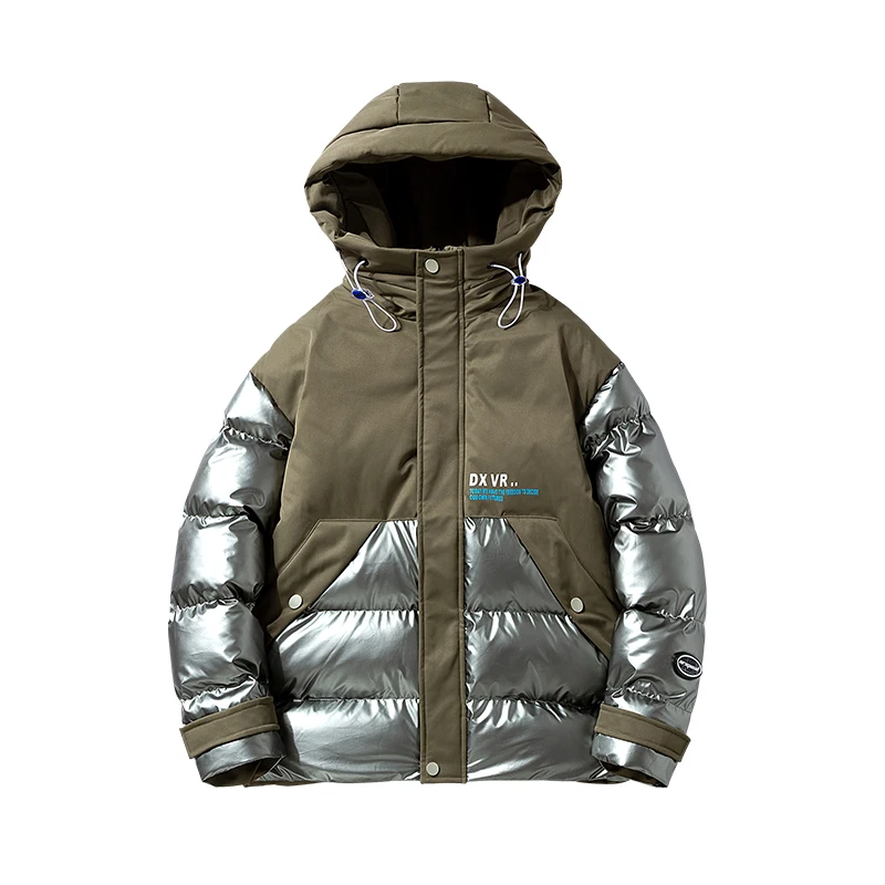 2022 Winter Nieuwe Streetwear Glossy Mannen Hooded Parka Koreaanse Mode Patchwork Big Pocket Glimmende Jas Man