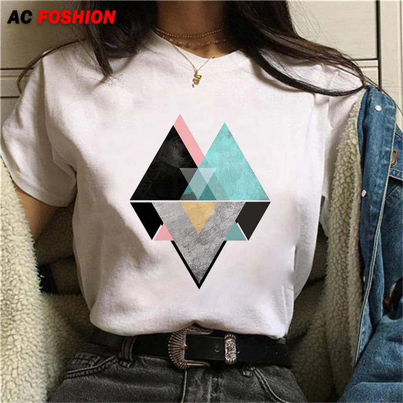 

Women's T-shirt Geometry Printed T Shirt Women Fashion Graphic Print T-shirt Harajuku Cute Short Sleeves Tops Tee Summer Tshirts