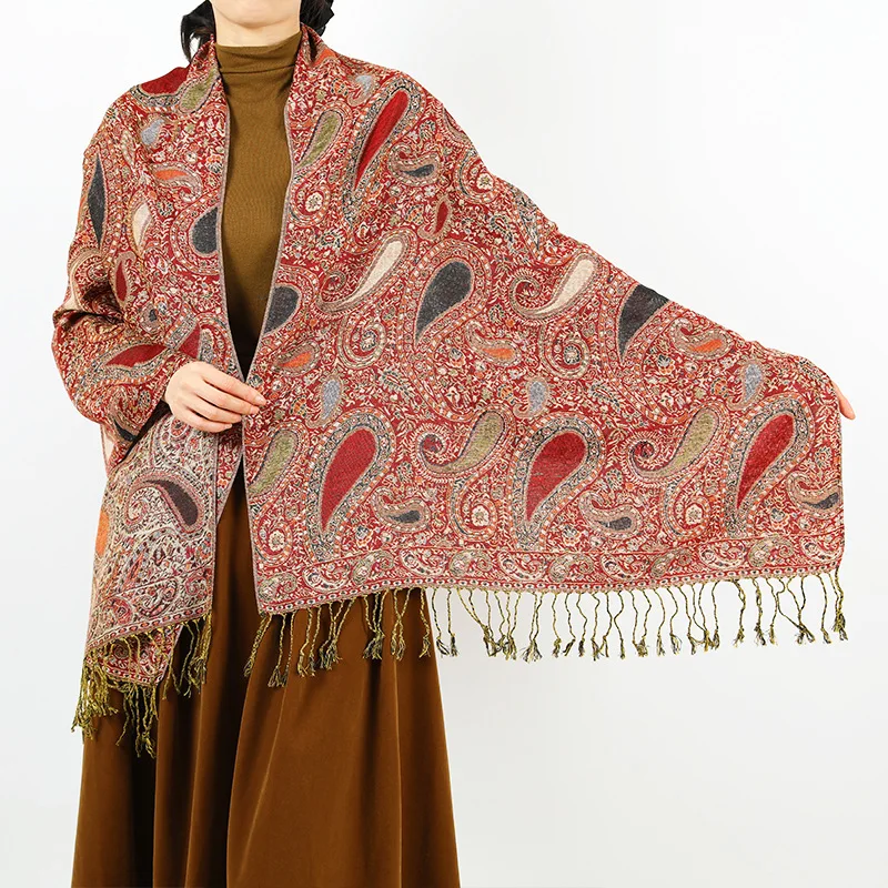 Жаккардовый шарф в стиле бохе с узором пейсли осень-зима теплая пашмина