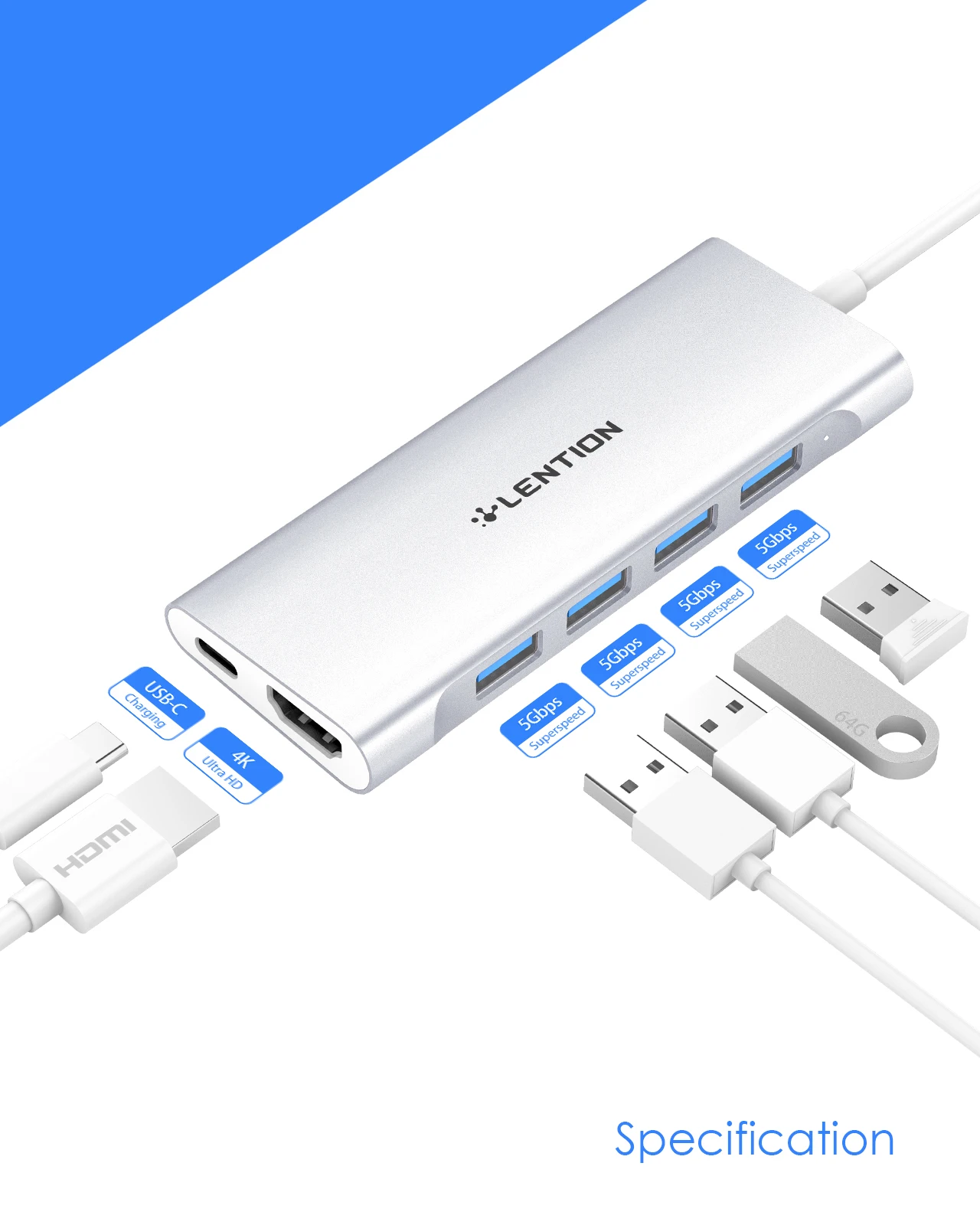 Фото Разветвитель с разными портами и выходом HDMI 4K, 100 Вт, PD 4, USB 3,0, подходит для MacBook Pro/Air и дополнительного адаптера драйвера 2023-2016 №2