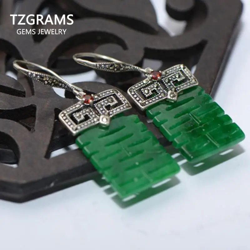 

Vintage 925 Sterling Silver Natural Green Jade Drop Earrings For Women With Chinese Word Double Happiness Engraved