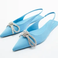 2022 new spring and summer womens shoes blue bright rhinestone bow pointed flat shoes muller shows