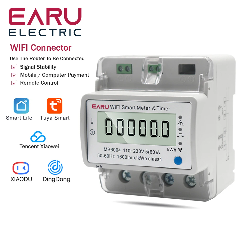 

60A AC110-230V TUYA Single Phase WIFI Smart Energy Meter Kwh Monitoring Circuit Breaker Timer Voltage Current Protection RS485
