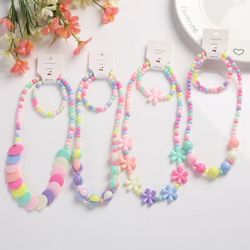 

2Pcs Korean Star Candy Color Necklace Children's Jewelry Beads Chains Necklace Cute Bracelet Charm Necklaces for Girl Party New