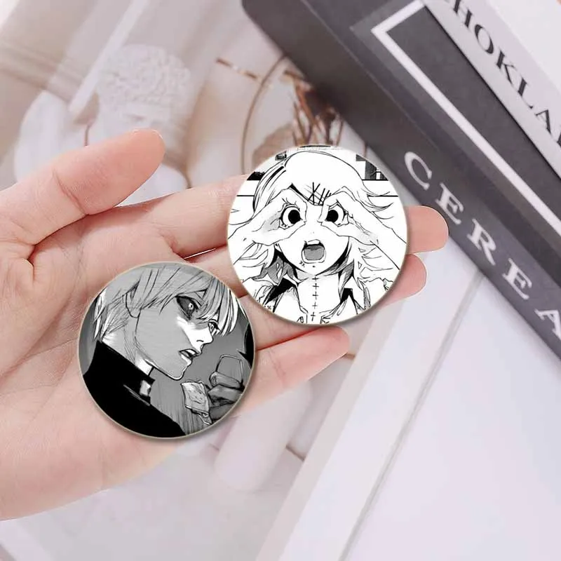 Фото Anime Figures Ken Kaneki/Touka Kirishima/Rize Kamishiro Badge Tinplate Pins Handmade Brooches for Backpack Clothes Decoration №4