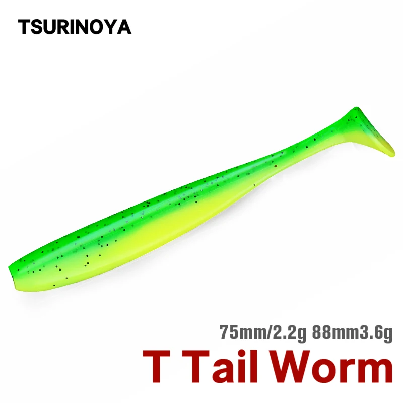 

TSURINOYA 75mm 88mm T Tail Wrom Fishing Lures Soft Lure Artificial Bait Tackle Jerkbaits Pike Bass Double Color Baits