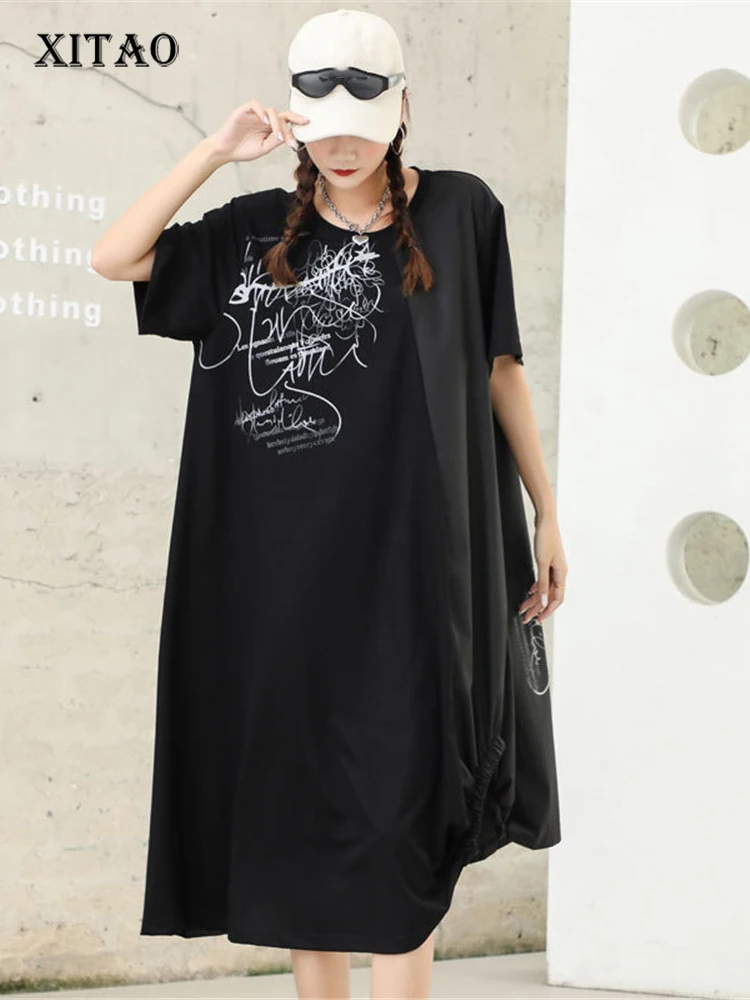 

XITAO Print Pattern Dress Irregular Loose Pleated Pullover Goddess Fan Casual Style 2022 Summer Patchwork Dress WMD6439
