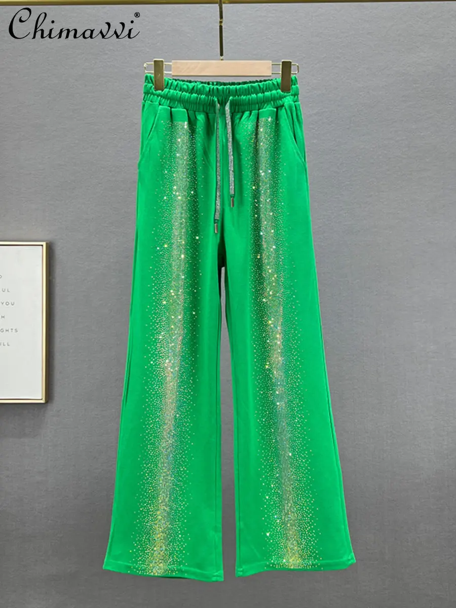 

European Goods Casual Pants for Women 2023 Spring New Fashion Loose Slim Heavy Colorful Crystals Wide Leg Pants Mop Trousers