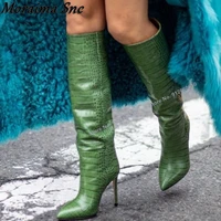 moraima snc green slip on alligator print boots for women pointed toe knee high boots stilettos high heels runway shoes on heel