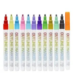 Double Outline Marker Pens 12 Color Outline Markers Set Double Line Pen Self Outline Metallic Markers For Metal Wood Glass