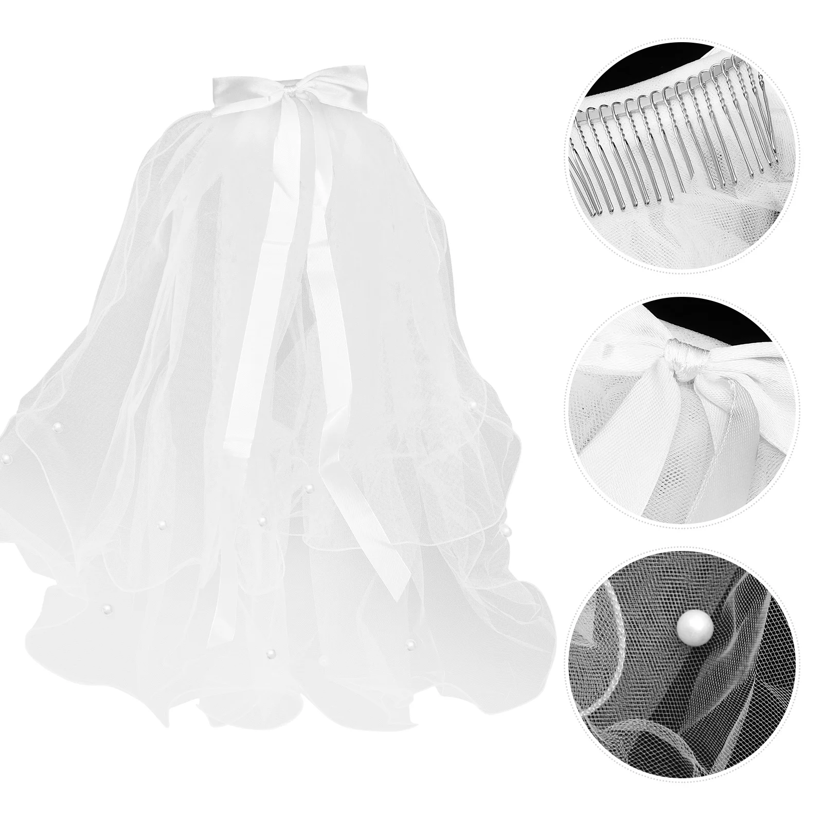

Charming Double Layer Children's Veil Bride Pearl Veils Brides Wedding Baptism Communion Headpiece Bowknot