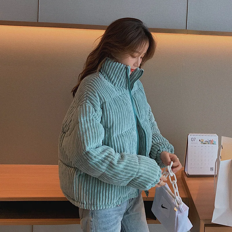 Warm Cotton Padded Jacket 2022 Winter Women Thick Long Sleeve Stand Collar Solid Corduroy Coat Folds Zipper Cardigan Women Parka