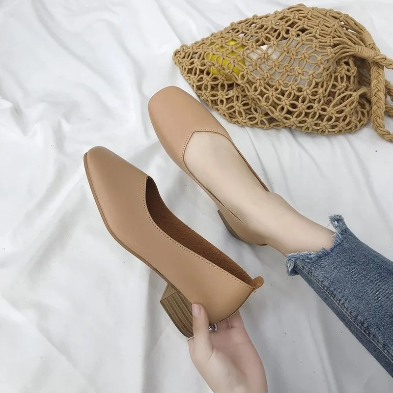 

Shallow Mouth New Korean Soft Leather Single Shoes Women's Square Toe Thick Heel Mid-heel Retro Women's Shoes