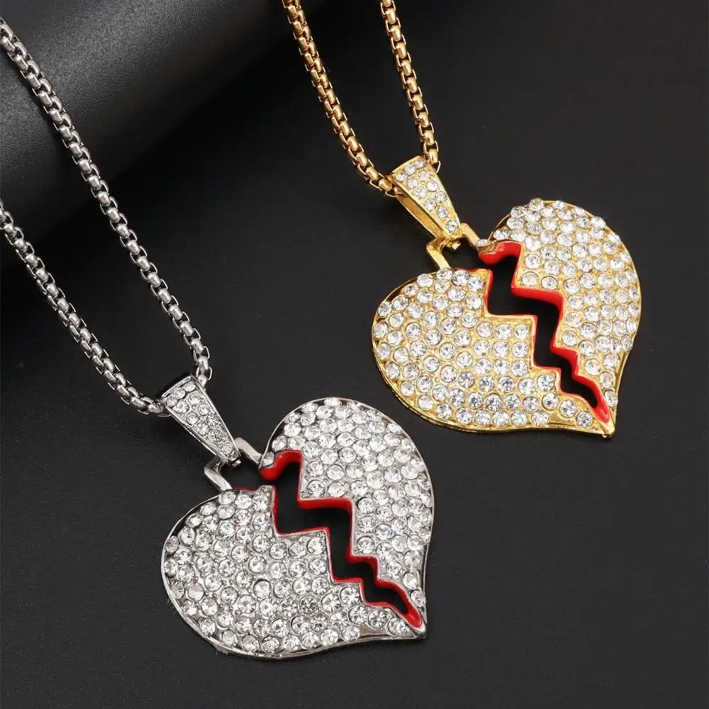 

Exquisite Broken Heart Ice Chain Pendant Statement Necklace Gold Color Cubic Zirconia Necklace Cool Hip Hop Men Jewelry Gift