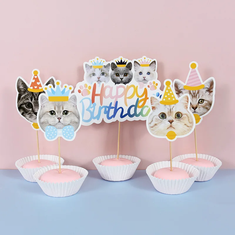

Cartoon Pet Dog Cat Cake Toppers Insert Flags Lovely Pet Birthday Party Supplies Cake Decor Happy Birthday Banner Dogs Cat Pet