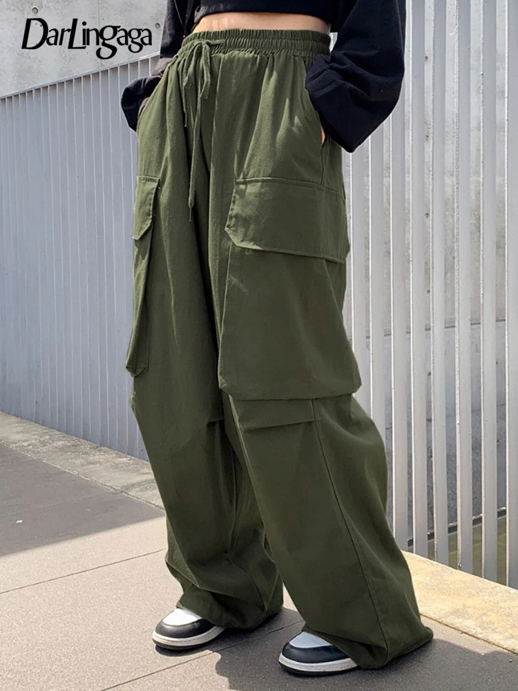 

Darlingaga Harajuku Green Elastic High Waist Oversized Pants Women Casual Loose Big Pockets Sweatpants Baggy Trousers Clothing