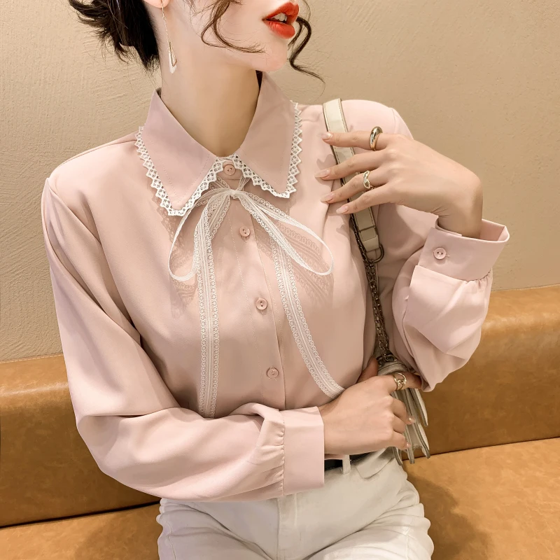 

Women Blouses 2022 Spring New Korean Version Fashion Bow White Long Sleeve Women's Clothing Chiffon Shirt Women Tops 627A