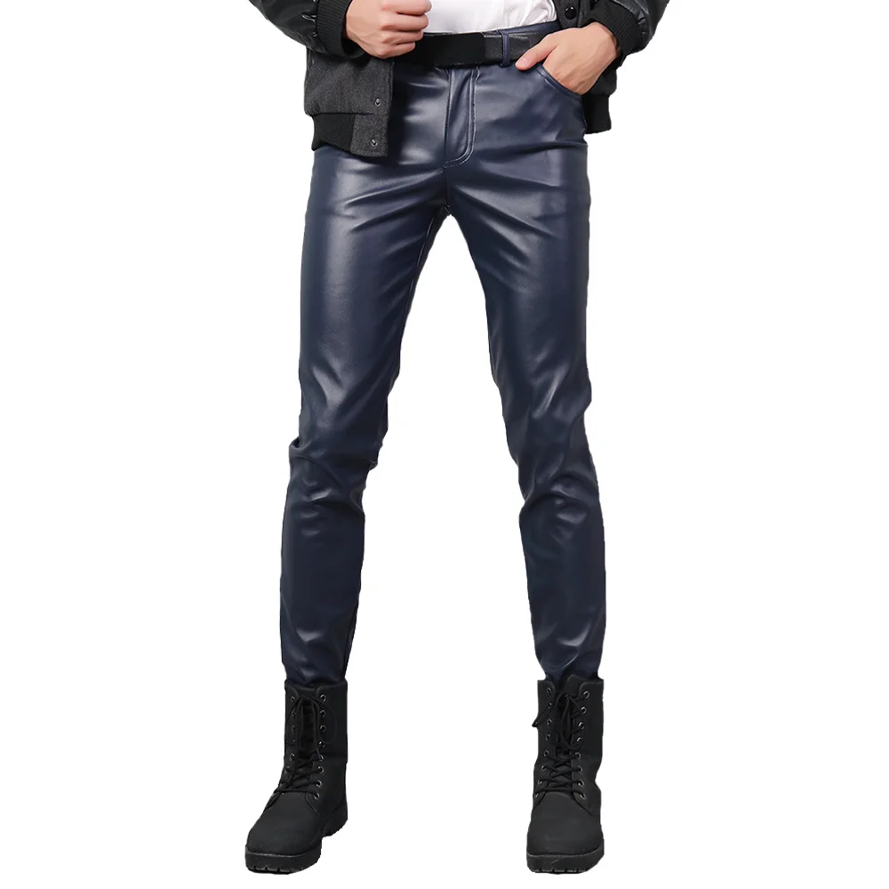 

TSINGYI Spring Summer Moto Skinny Elastic Faux Leather Pants Men Black Gold White Thin PU Leather Trousers Brand Men Clothing