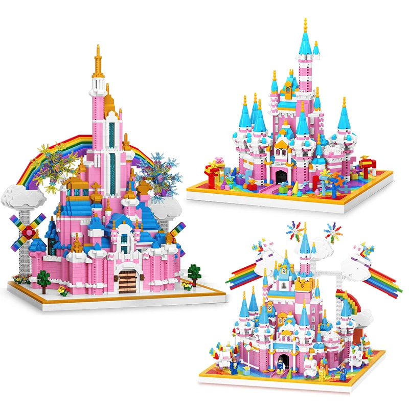 

Pink Castle City Medieval Cartoon Princess Set Building Blocks MOC Micro Architecture mini Bricks Toys Gifts Girls Kids Friends