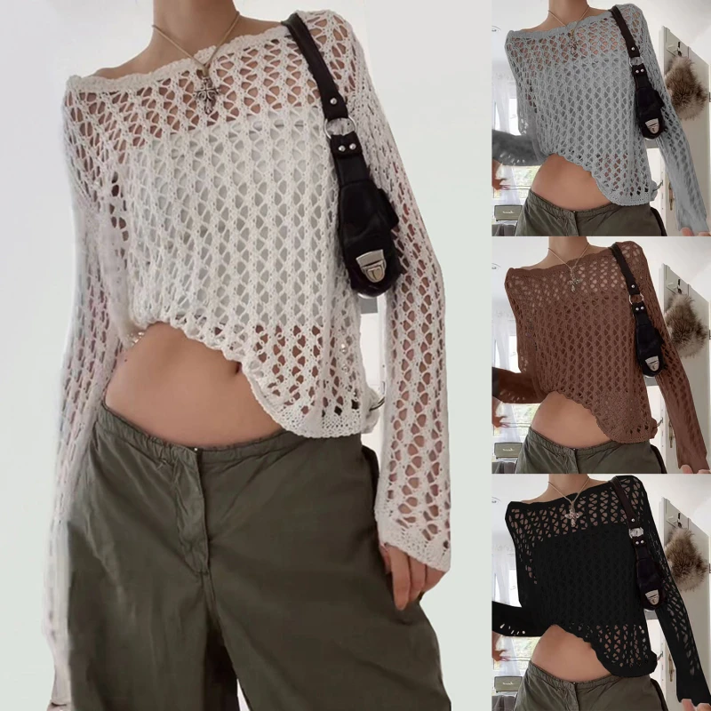 

Женские Вязаные Рубашки, прозрачные свитера с вырезами, Y2K одежда, универсальный Повседневный геометрический пуловер в стиле Харадзюку, винтажный шикарный свитер