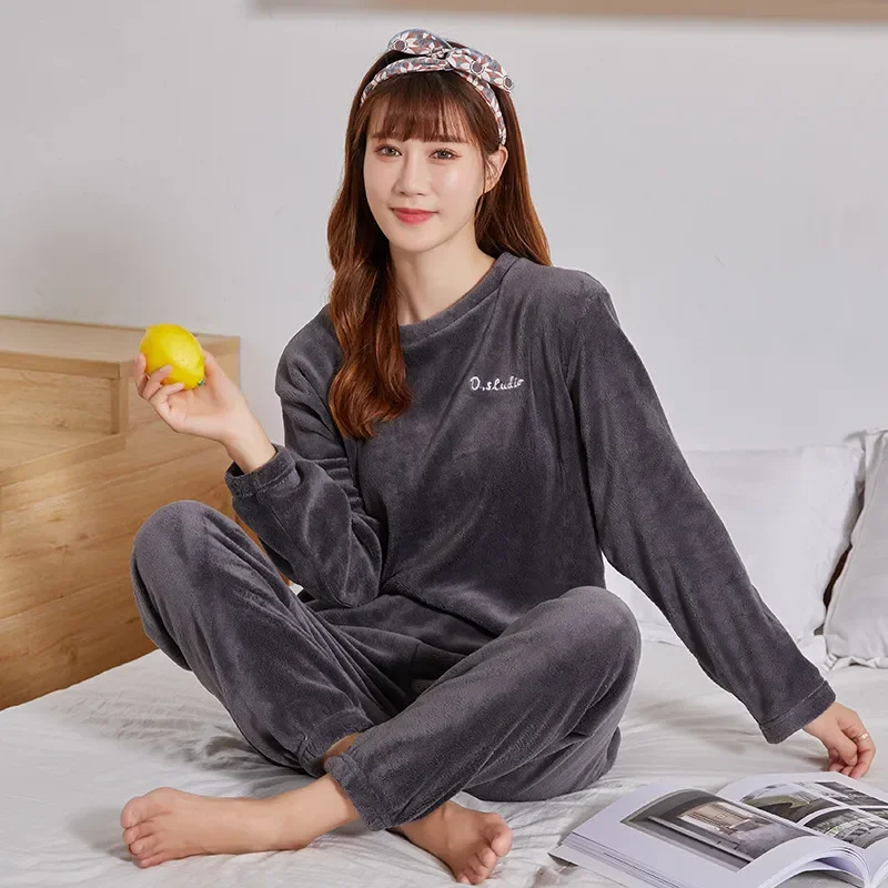 Winter Warm Fleece Pajamas Sets Solid Casual Coral Sleepwear Top and Pants 2 Piece Set Home Wear Lounge Wear 122471WZA