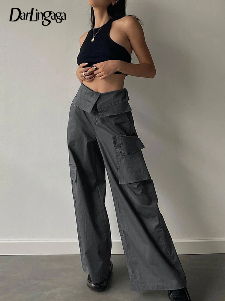 

Брюки-карго Darlingaga с широкими штанинами, модные элегантные однотонные мешковатые штаны с завышенной талией, с карманами, с отложным воротник...