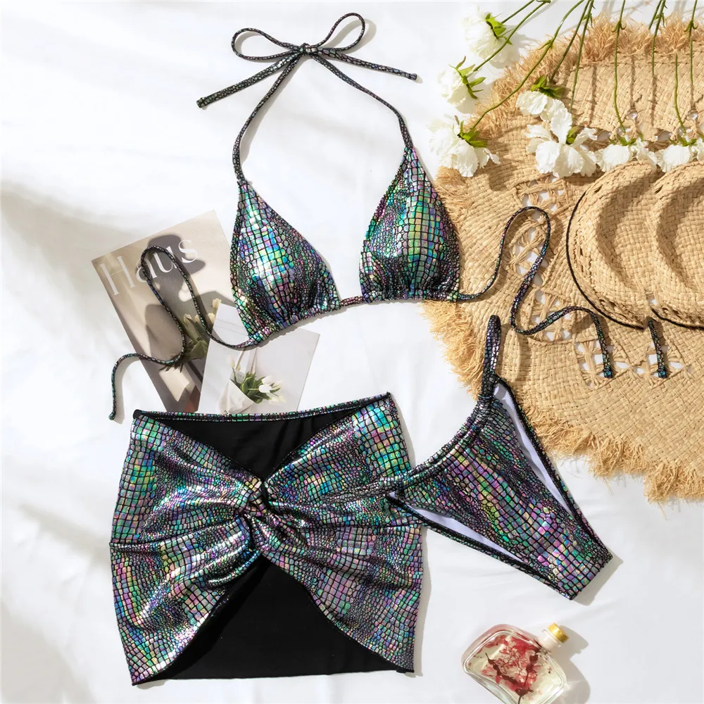 Купальник со змеиным принтом искусственная кожа накидка стринги халтер