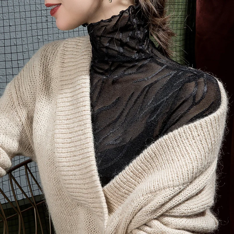 

Осенняя Женская Прозрачная Кружевная водолазка, привлекательные черные продуманные стильные базовые модные городские тонкие футболки с рисунком бабочки