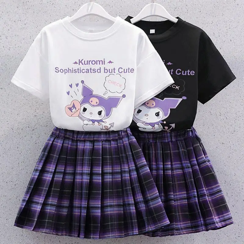 

Sanrios Kuromi T-Shirt Skirts Suit Summer 2023 Anime Y2K Kawaii Casual Fashion Jk Pleated Skirt Short Academy Style Sweet Girl