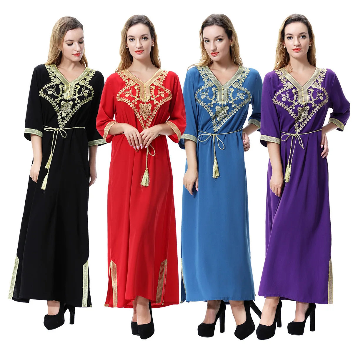 

S-3XL Female Loose Ethnic Style Long Dress V-Neck Sexy Appliques Trim Dresses Turkish Muslims Middle East Abaya Casual Skirt