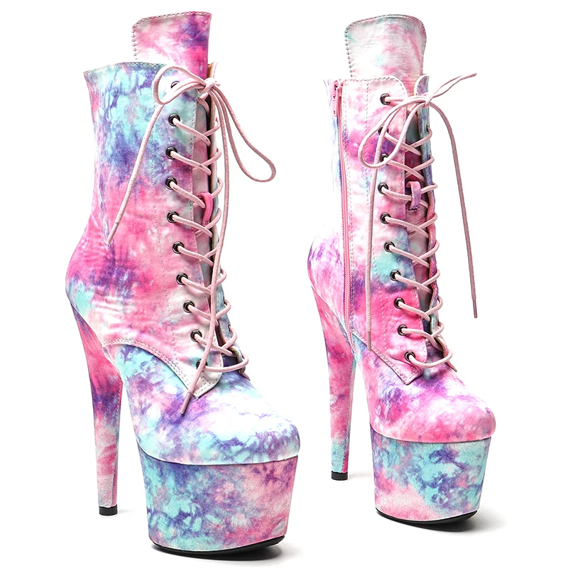Leecabe Pink flowers PU Upper 17CM/7inches Pole dancing shoes High Heel platform Pole Dance boot