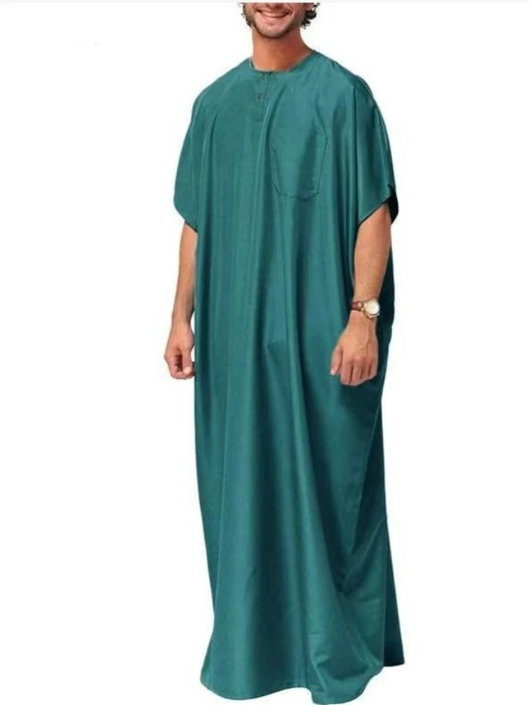 Ramadan Eid Muslim Fashion Men Shirt Robe Arabian Solid Color Dubai Short Sleeve New Indian Malaysia Loose Male Islamic Clothing
