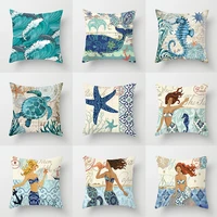 marine organism nautical mermaid pattern cotton linen throw pillow cushion cover car home decoration sofa decorative pillowcase