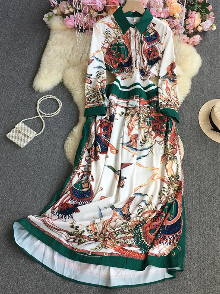 

LY VAREY LIN New Spring Autumn Print Dress Women Casual Single Breasted High Waist Dress Female Fashion Lapel A-line Long Dress