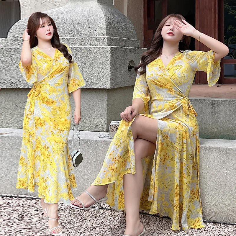 

Yellow Print Slim V-neck Fishtail Short Sleeve Dress Plus Size Women's Dress Robe Argent Sexy Dress Dresses for Women 2023