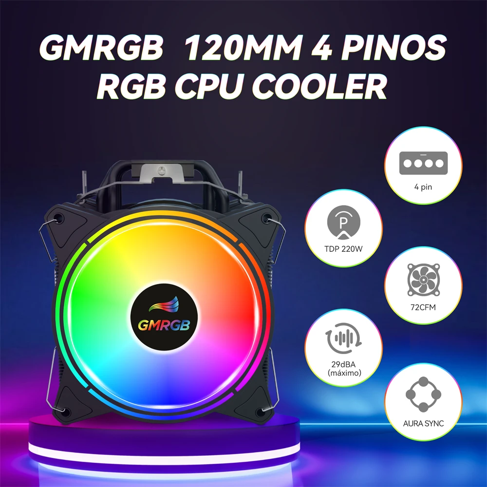 

GMRGB 6 Tubes Heat CPU Cooler 4 Pin PWM RGB PC Silent Intel LGA 1700 775 1200 1150 1151 1155 2011 X79 X99 AM2 AM3 AM4 CPU Fan