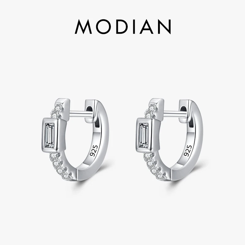 

Modian Exquisite Rectangle Clear Zirconia Earring 925 Sterling Silver Sparkling Simple Hoop Earrings For Women Wedding Jewelry