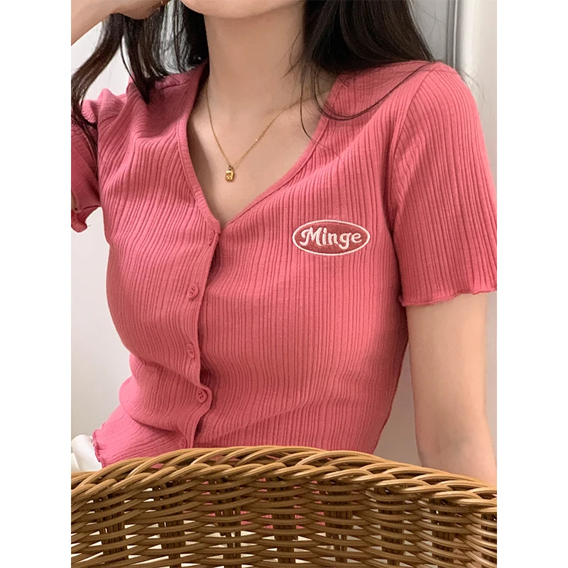 

Женская футболка с коротким рукавом, облегающий кардиган с V-образным вырезом и буквенной вышивкой, 5 цветов, модель X2401 в Корейском стиле на ...