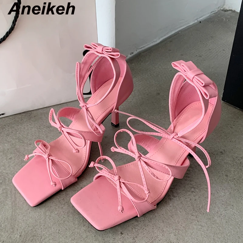 

Aneikeh 2023 Fashion Sexy Bowtie High Heel Sandals Summer Women Open Toe Cover Heel Lace up Rome Shoes Party Dress 35-39