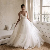 simple boho a line wedding dress spaghetti deep v neck tulle tiered beach bridal gowns open back plus size custom made