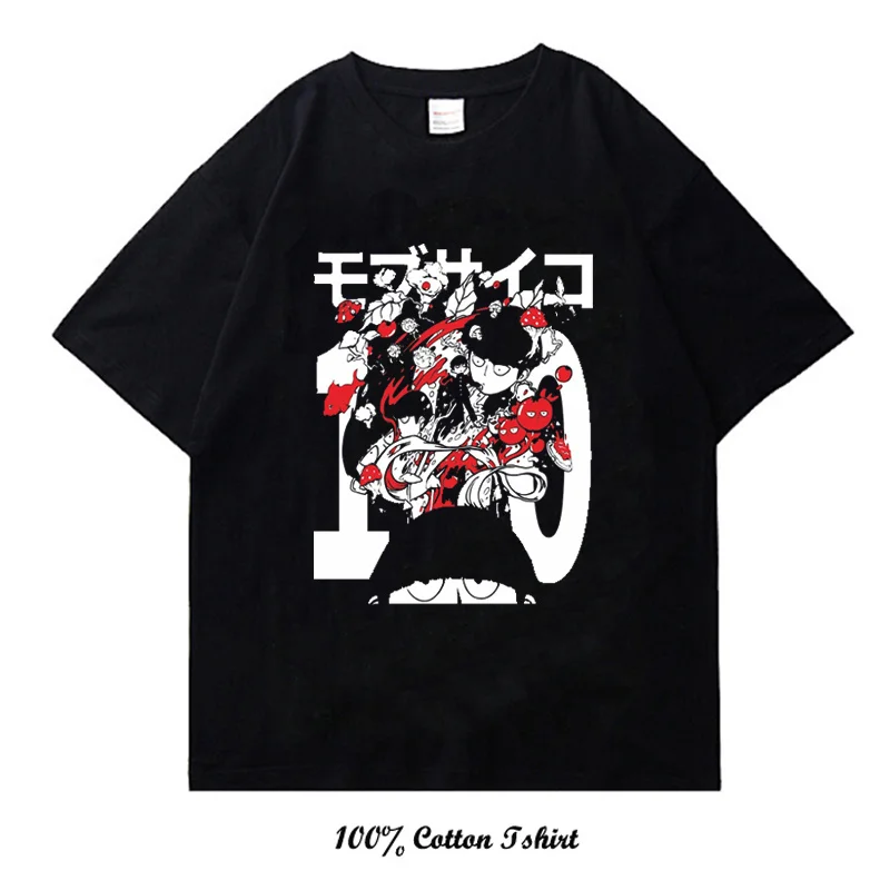 Mob Psycho 100 Black hip-hop Harajuku street wear Japanese anime print T-shirt cotton casual T-shirt summer short-sleeved shirt
