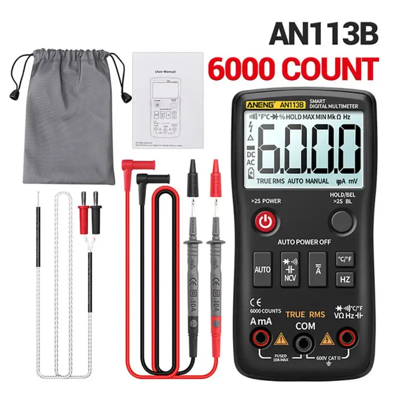 

AN113B Digital Multimeter True RMS Smart Multimeter with Temperature Tester 6000 Counts Auto-Burn AC/DC Transistor Voltage Meter