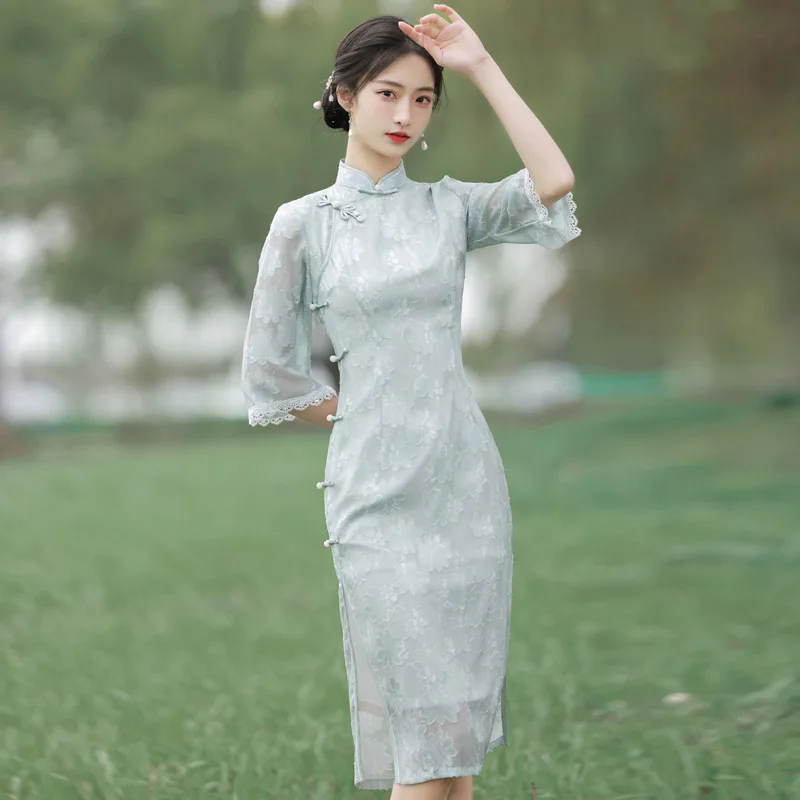 Women Lace Improved Cheongsam Half Sleeve Vintage Dress Slim-fit Elegant Mid Long Qipao S To XXL Pink Green