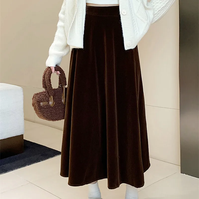 

Бархатная шикарная юбка А-силуэта в Корейском стиле для девушек с высокой талией на осень и зиму, женская верхняя одежда, рабочие юбки, модная женская повседневная юбка на весну